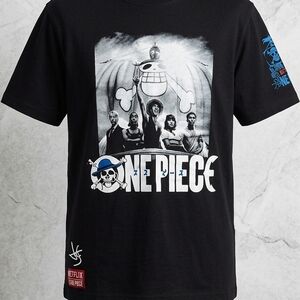 Zara Black One Piece Graphic Tee with White and Blue Print